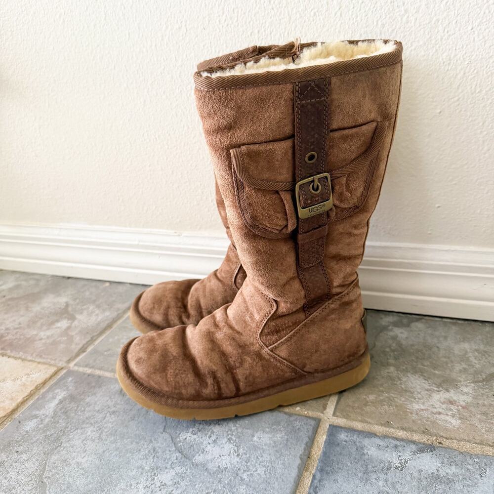 UGG Brown Shearling Tall Warm Winter Boots Buckle Pocket Women’s Size 6